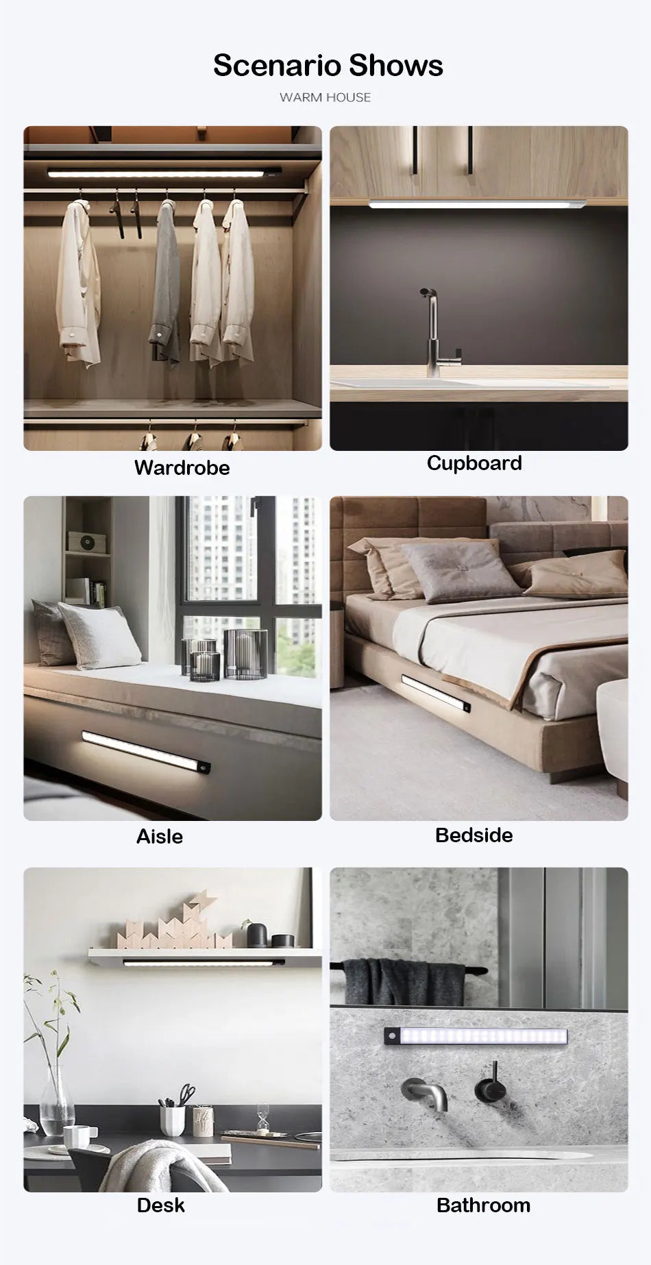 Ultra-thin USB Rechargeable Motion Sensor Cabinet Light Wireless 3 Colors Dimmable LED Closet Wardrobe Lights Lamp 20/30/40CM