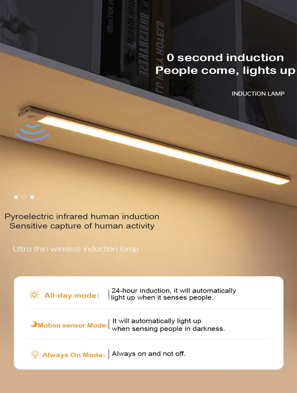 Ultra-thin USB Rechargeable Motion Sensor Cabinet Light Wireless 3 Colors Dimmable LED Closet Wardrobe Lights Lamp 20/30/40CM
