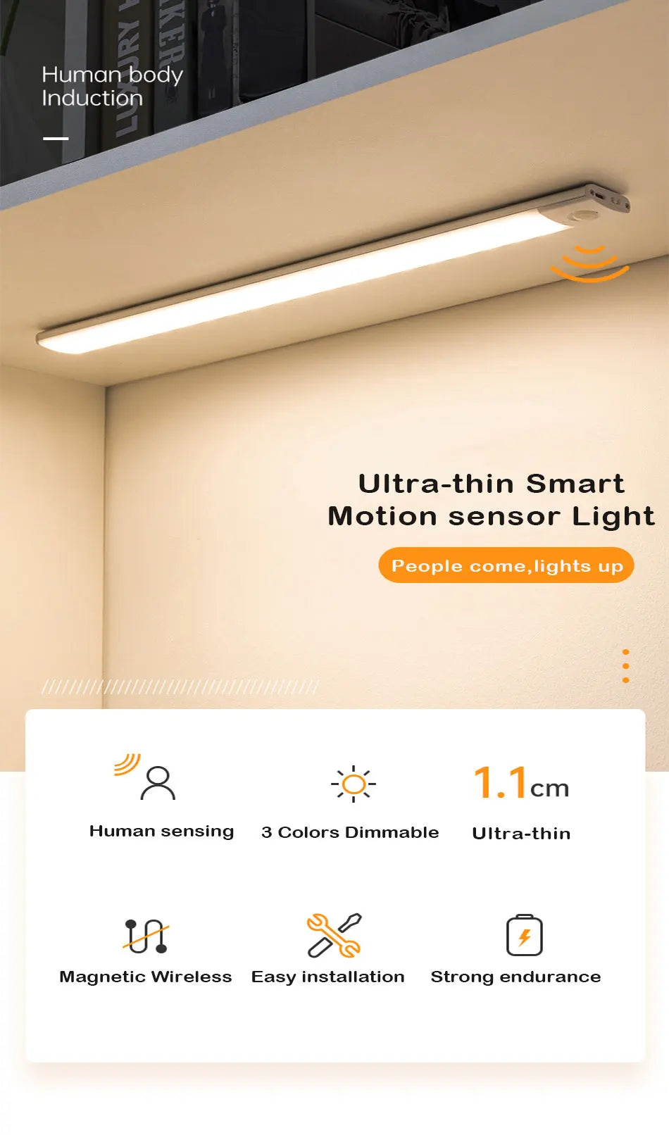 Ultra-thin USB Rechargeable Motion Sensor Cabinet Light Wireless 3 Colors Dimmable LED Closet Wardrobe Lights Lamp 20/30/40CM
