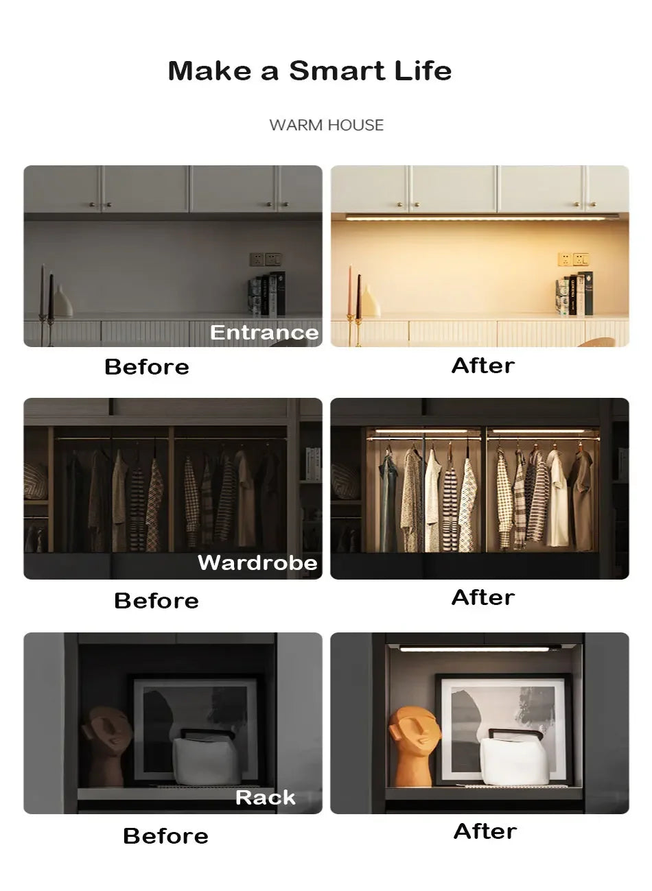 Ultra-thin USB Rechargeable Motion Sensor Cabinet Light Wireless 3 Colors Dimmable LED Closet Wardrobe Lights Lamp 20/30/40CM
