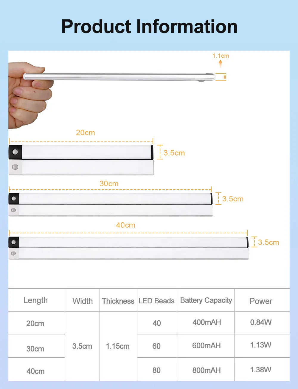 Ultra-thin USB Rechargeable Motion Sensor Cabinet Light Wireless 3 Colors Dimmable LED Closet Wardrobe Lights Lamp 20/30/40CM